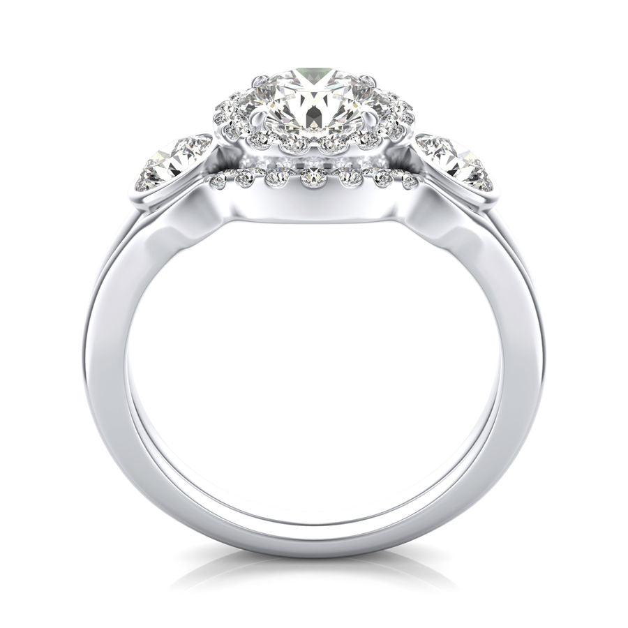 Three Stone Halo Engagement Ring With Matching Band