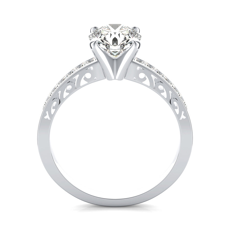 Cut Through Scroll Engraving Engagement Ring With Channel Set Side Stones