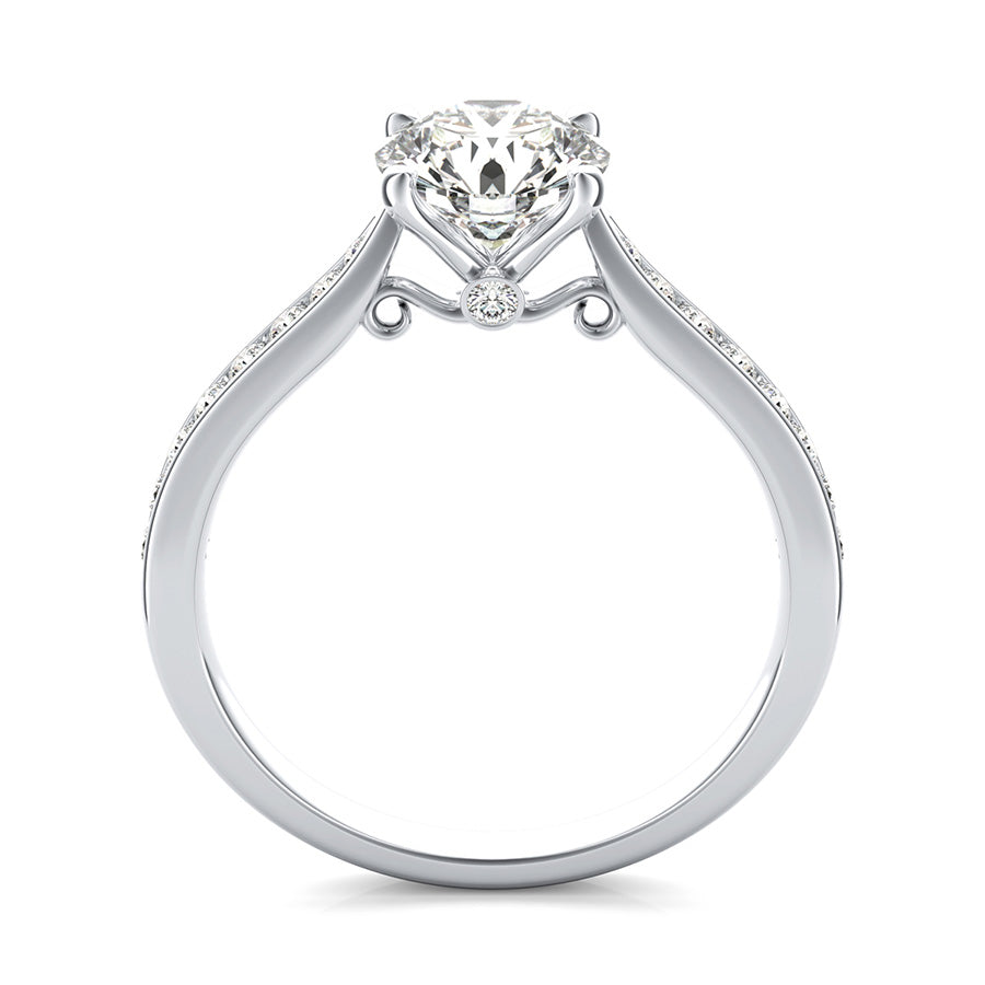 Cathedral Engagement Ring With Channel Set Side Stones And Scroll On The Side