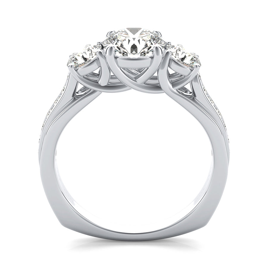 Amore Three Stone Trellis Square Shank Engagement Ring With Side Stones